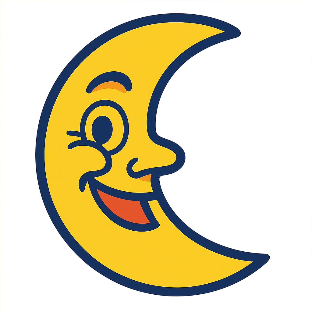 crescent moon with a winking face, bold colors, expressive emoji