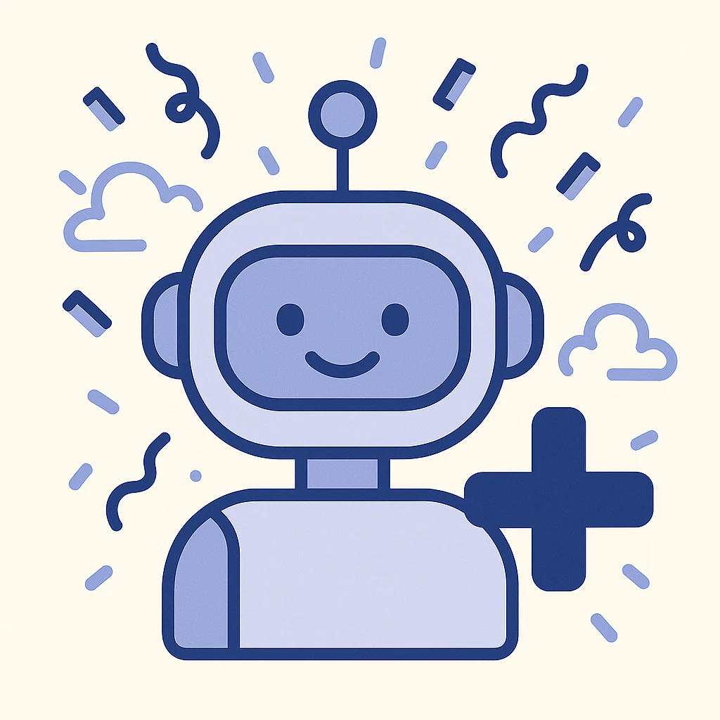 Create a 'new user' Slack webhook icon in a flat, playful style. Use the composition of the first reference image with a single robot and a plus sign, but incorporate the celebratory, lively theme of the second image with confetti and welcoming energy. Use a blue color palette instead of orange. Make it friendly and modern, suitable for a Slack profile icon. emoji