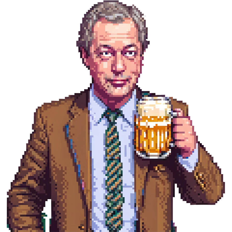 Nigel Farage sipping a pint of lager, pixel art style emoji