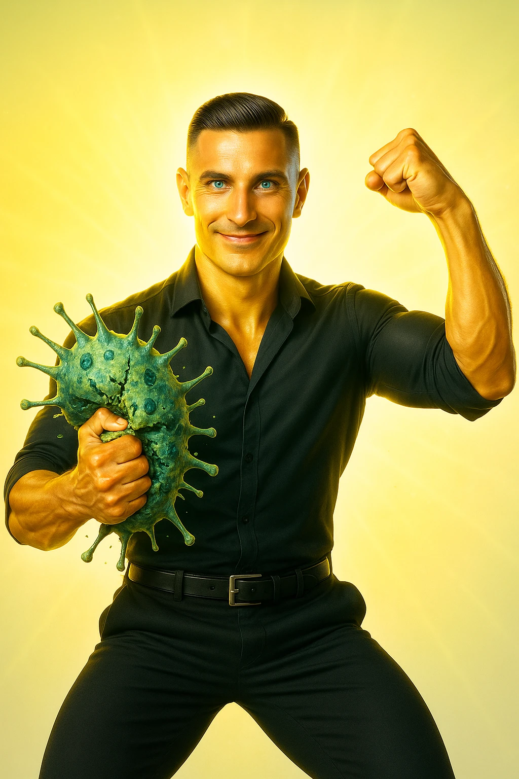 Un uomo atletico (30-40 anni) dalla pelle perfettamente liscia, senza cicatrici o imperfezioni, che emana un leggero bagliore dorato (metafora degli anticorpi).
Occhi brillanti con riflessi blu-verdi (simbolo di salute estrema).
Postura eroica, con un braccio sollevato in un gesto di forza, mentre con l'altro tiene un batterio gigante schiacciato come se fosse un mostro sconfitto. emoji