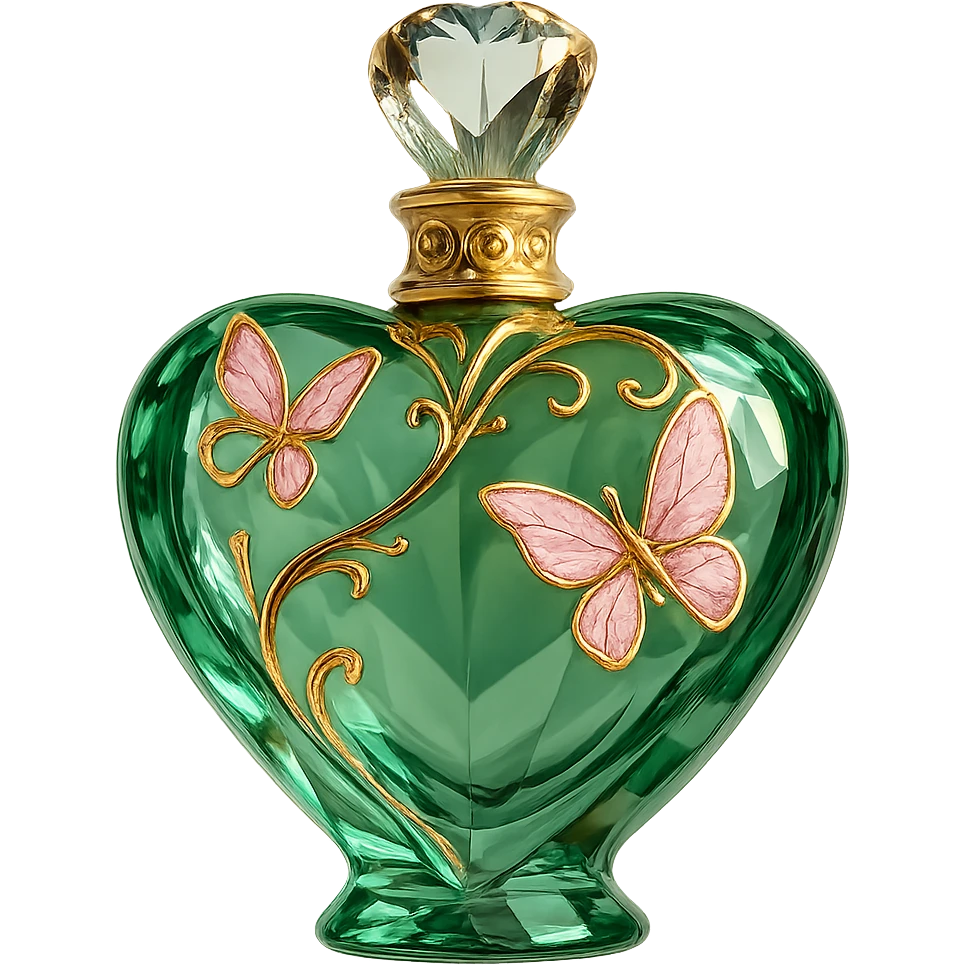 very close crystal green heart-shaped bottle with golden details and pink butterflies, transparent background, design very similar to the provided image, elegant, bright, crystal clear, no additional elements or changes emoji