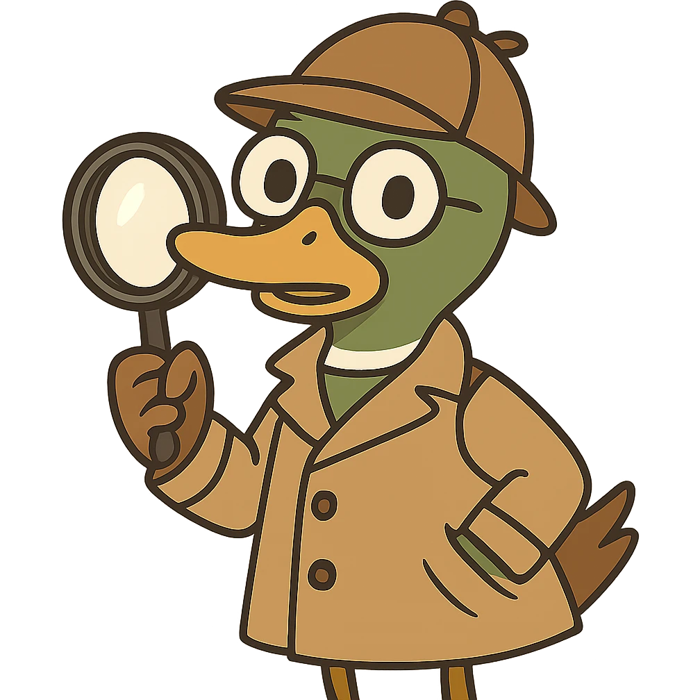 Make this mallard duck detective match the style and outfit of the first image: cute, cartoon, wearing a trench coat and detective hat, holding a magnifying glass, with no background. emoji