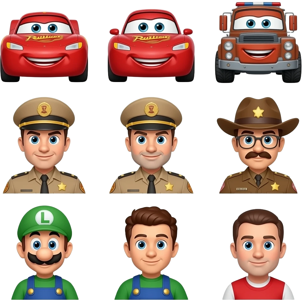 Lightning McQueen, tow mater, sally carrera, red the firetruck, sheriff, sarge, Fillmore, Luigi, guido, and ramone emoji
