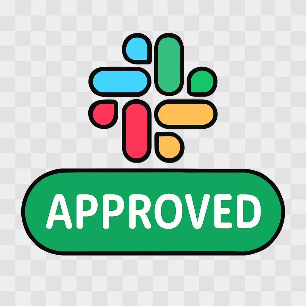 Slack emoji with the word 'Approved' in a rounded, friendly font, white text on a green background, high contrast for readability emoji