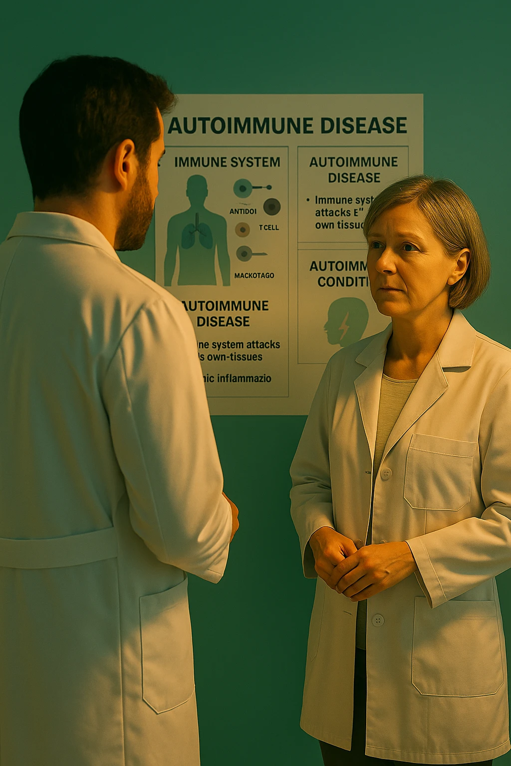 Realistic, detailed photo taken from behind of one doctor e un paziente —a bearded man and a middle-aged woman—standing and facing each other as they discuss an autoimmune disease diagnosis in front of a medical chart that displays information about the immune system and autoimmune conditions. The scene is illuminated by a yellowish, orange, warm light that softly envelops the doctors. The entire room is bathed in a single green-blue color, creating a cohesive and modern atmosphere. Both doctors wear white coats, and their body language suggests a serious, professional conversation about the complexities of autoimmune diseases. Shot with a Canon EOS R5, with high detail and natural depth of field. scritto in italiano emoji