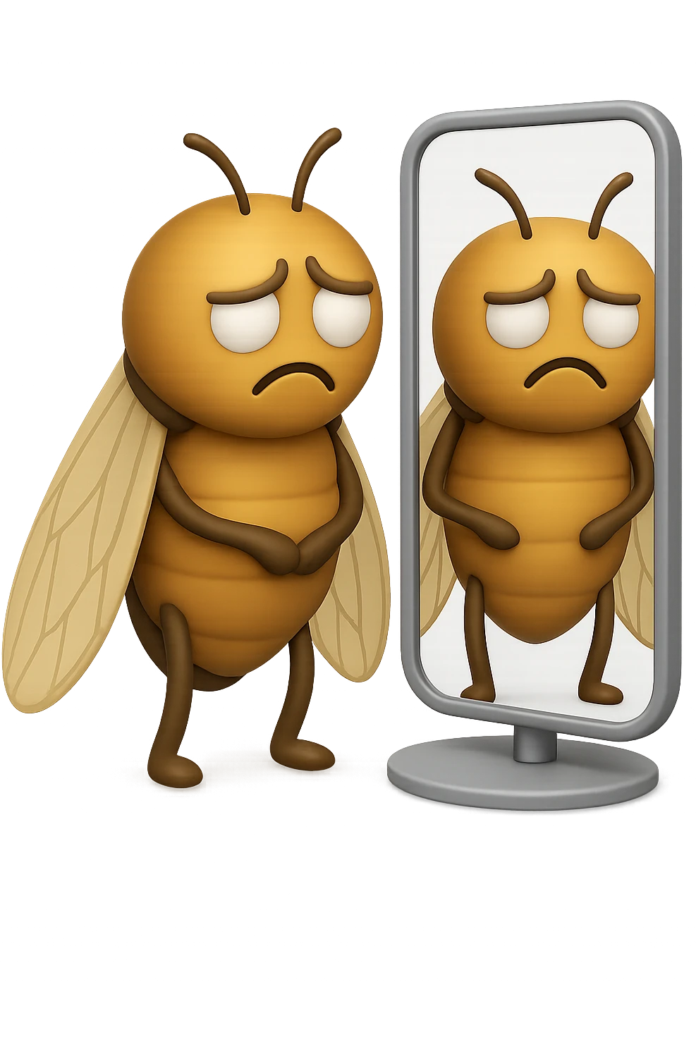 EMOJI STILE IPHONE 3D DI una cicala troste che si guarda allo specchio insoddisfatta del suo fisico, fagli gli occhi bianchi , non solo la pupilla emoji