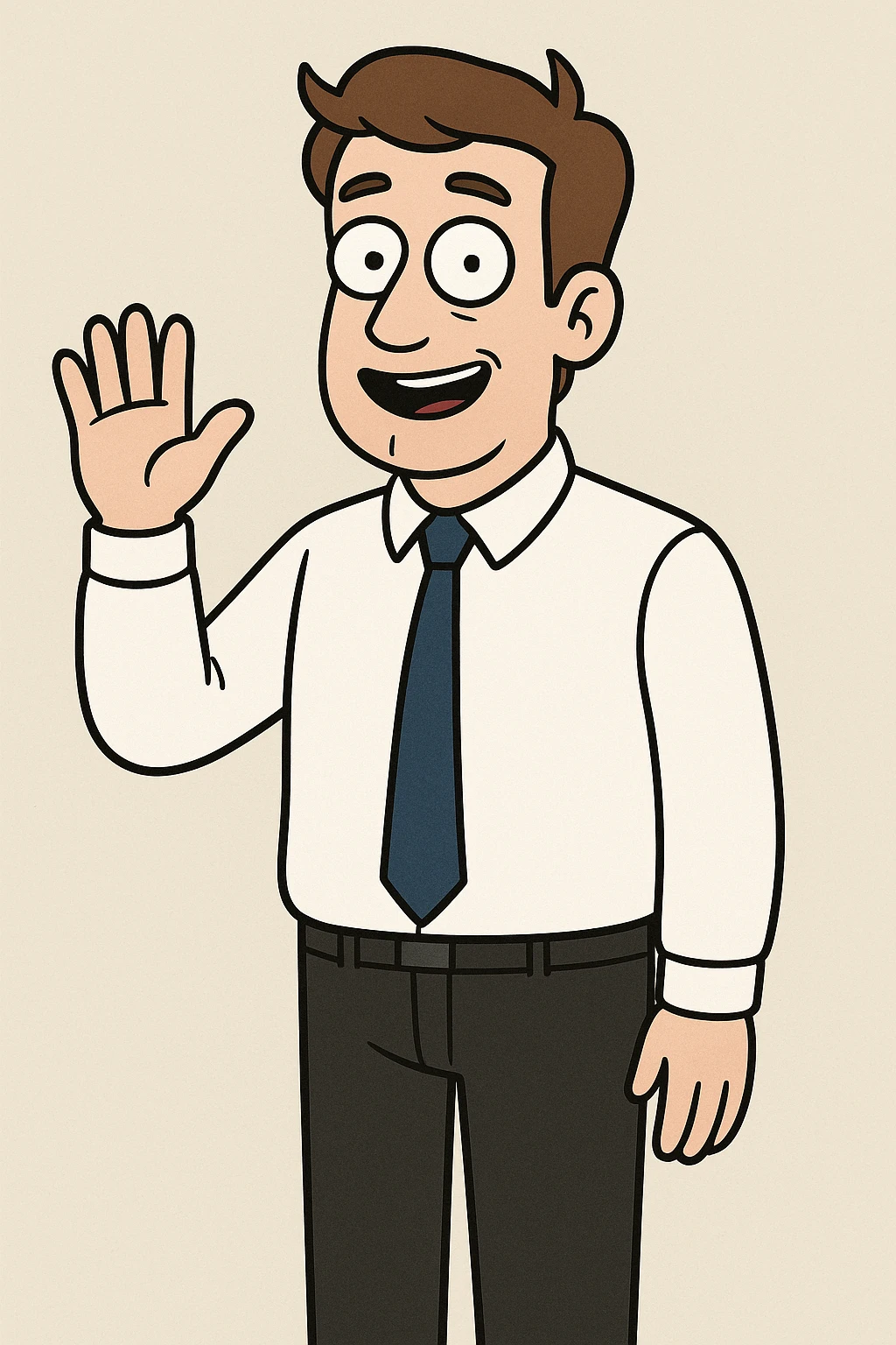 A man sky brown hair Marine Blue Colours Satin Tie White Whistler Classic Oxford Shirt black Apollo Flat Front Trouser hand to say hello emoji