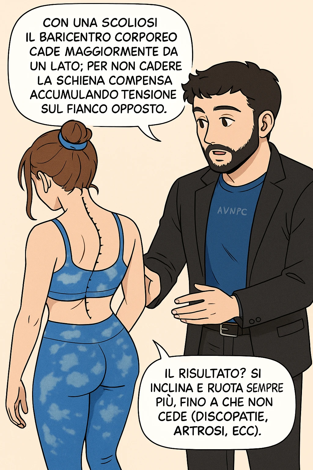 fai questa immagine in versione manga/webtoon a colori, il manga mostra la donna di spalle, mentre l'uomo le tocca la spina dorsale per spiegarle come funziona la scoliosi:
Con una scoliosi il baricentro corporeo cade maggiormente da un lato; per non cadere la schiena compensa accumulando tensione sul fianco opposto.
Il risultato? Si inclina e ruota sempre più, fino a che non cede (discopatie, artrosi, ecc) emoji