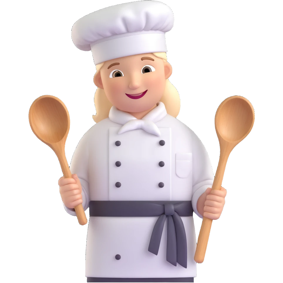 chef character wearing classic white chef hat and apron, smiling, holding wooden spoon, simple background emoji