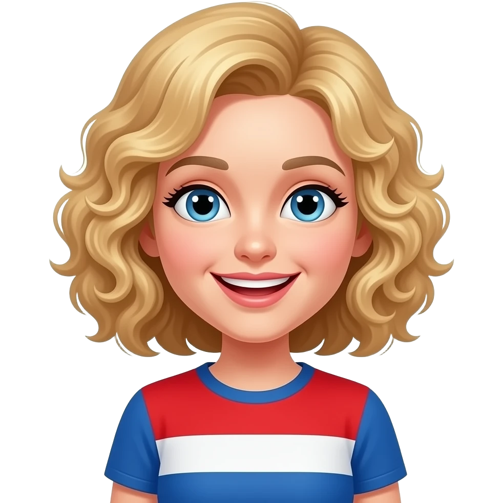 blonde curly bob exhaling face with smiling eyes in red, white and blue shirt emoji