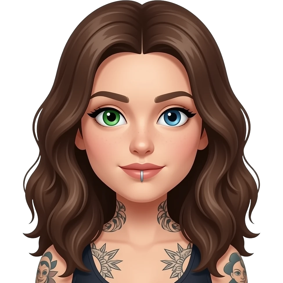 white long wavy haired brunette woman with one green eye one blue eye tattoos a philtrum piercing and a thin streak of grey hair emoji