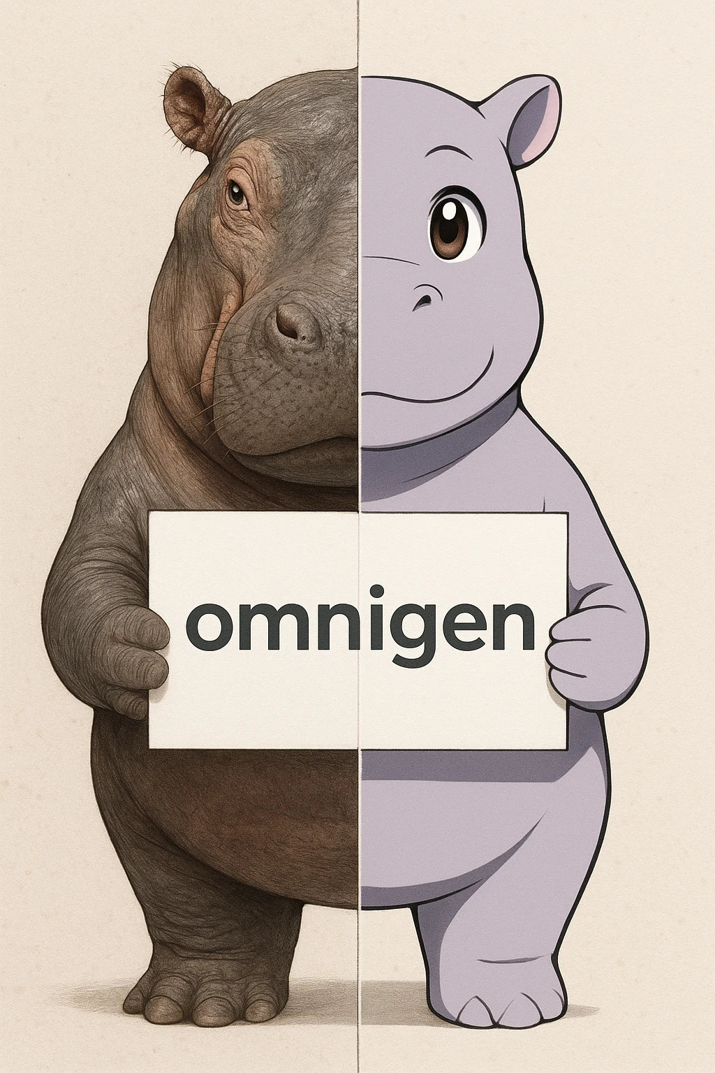 a hippo holding sign of omnigen, half picture hippo is realistic another hald is the anime of that same hippo emoji