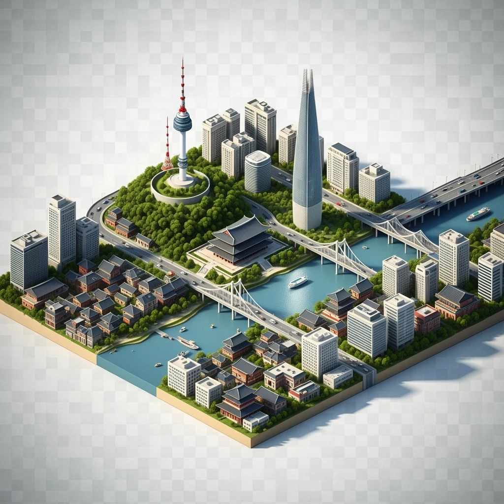 Isometric diorama of Seoul typical houses, Namsan Seoul Tower, Gyeongbokgung Palace, Lotte World Tower, Dongdaemun Design Plaza, and Han River bridges, 3D miniature effect and Tilt Shift effect, no cartoonish look, transparent background. emoji