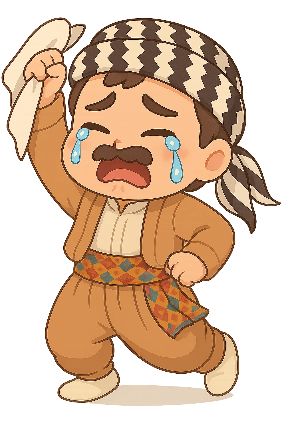 Create a chibi Kurdish cartoon sticker based on the reference image, showing a crying (sad) expression, with a transparent background. emoji