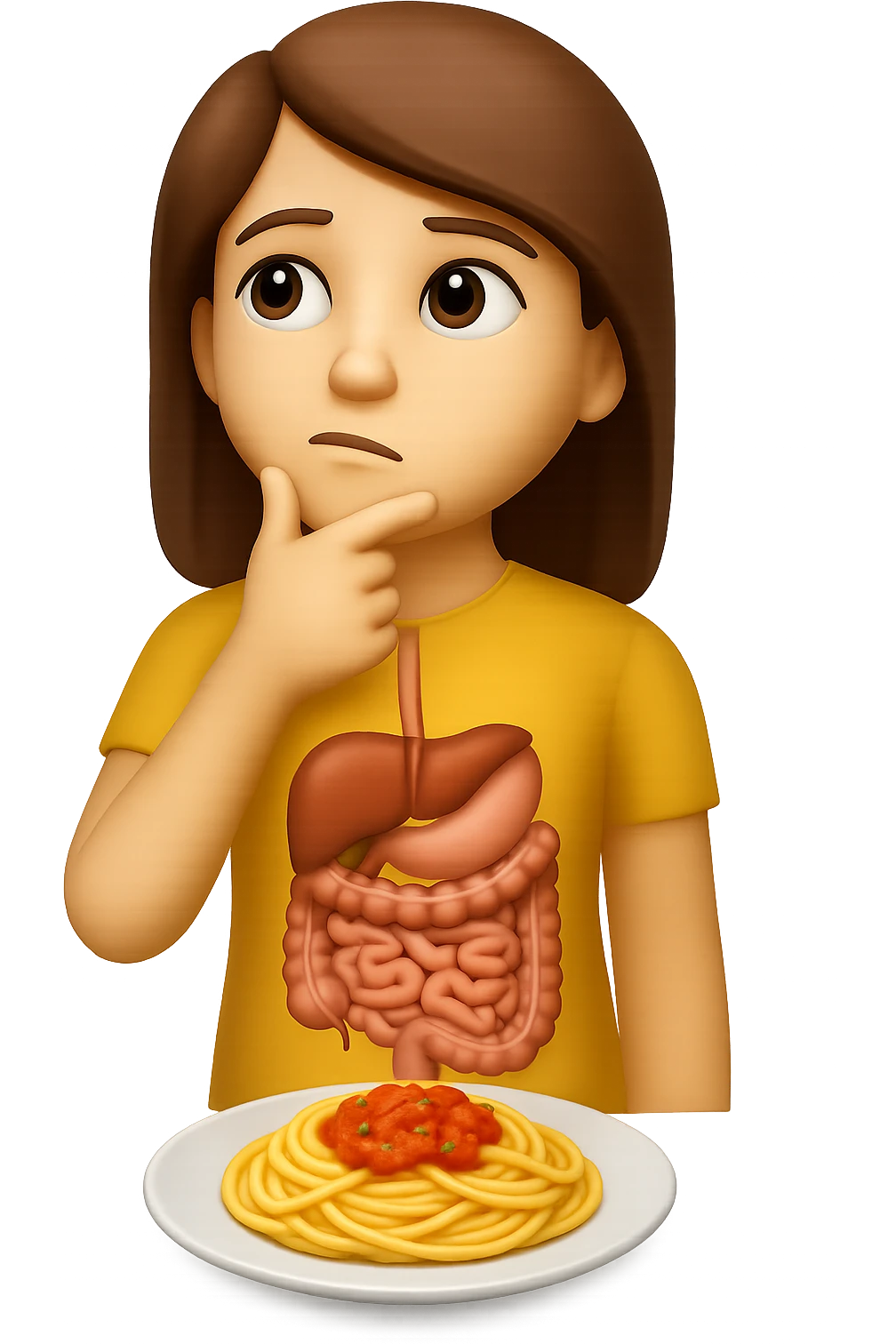 donna che guarda pensierosa con intestino in evidenza un piatto di pasta, stile emoji iphone, iperrealistico 4k emoji