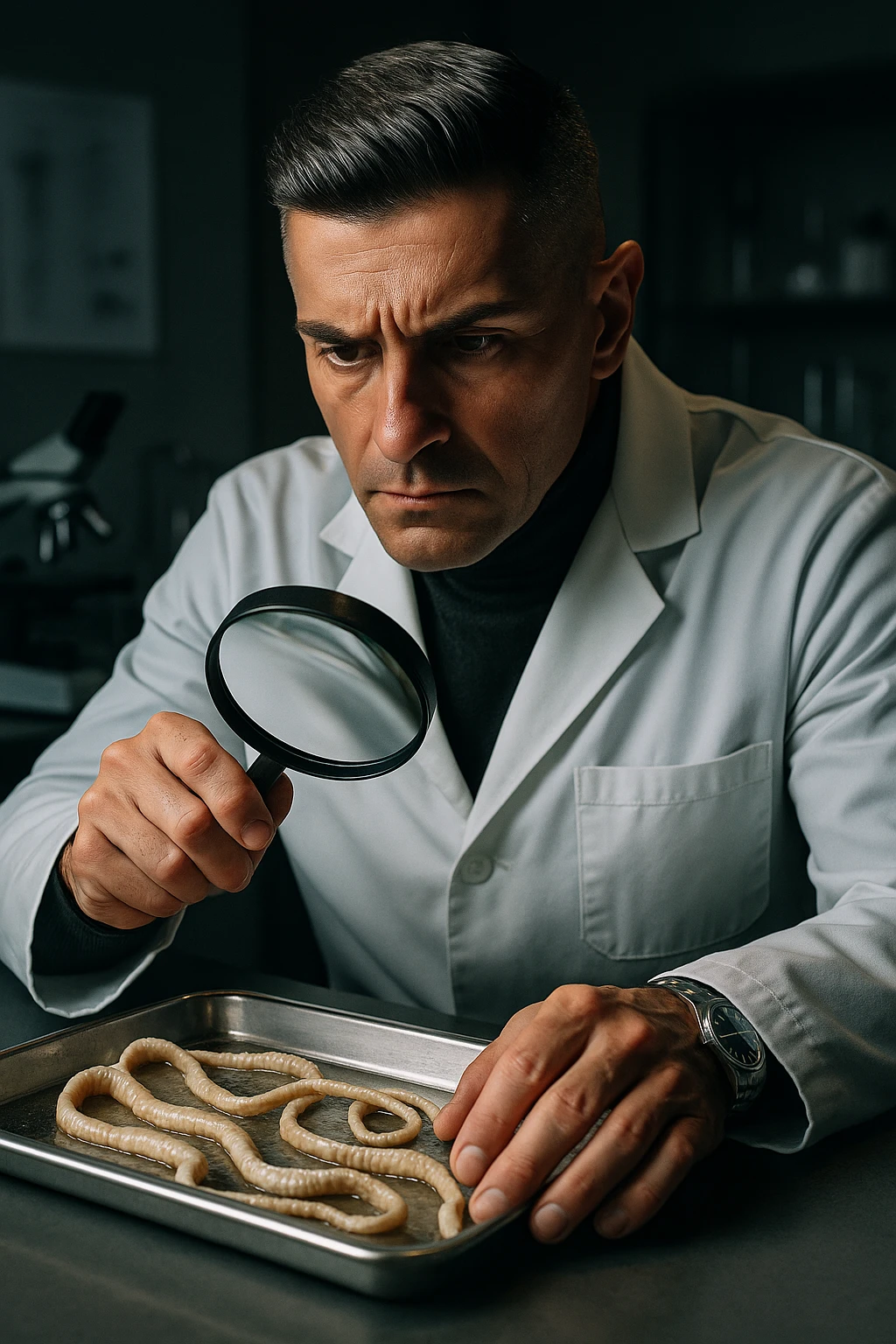 A middle-aged male kinesiologist wearing a pristine white lab coat, intensely analyzing long, beige tapeworms (like Taenia) under a magnifying glass. His expression is focused and slightly concerned, with dramatic studio lighting casting sharp shadows. The parasites are highly detailed, moist, and textured, stretched across a sterile metal tray. The background is blurred but suggests a clinical environment—hints of a microscope, medical charts, and clean lab equipment. The style is hyper-realistic, with a cinematic contrast between the bright white coat and the grotesque, organic forms of the parasites. No sci-fi elements, just raw medical realism with a disturbing edge emoji