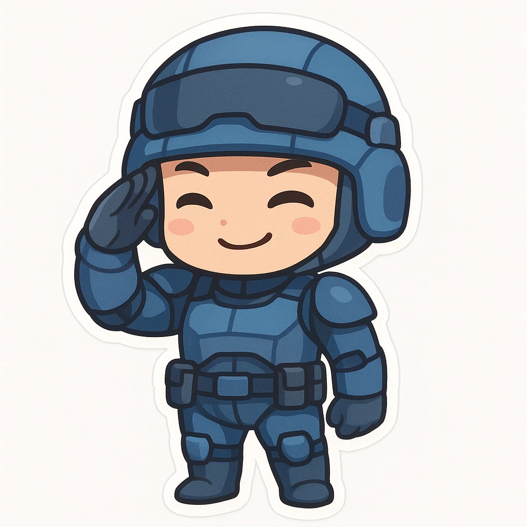 chibi sticker of a sci-fi soldier in a mostly blue uniform, saluting with a confident smile, cute chibi style, white background emoji