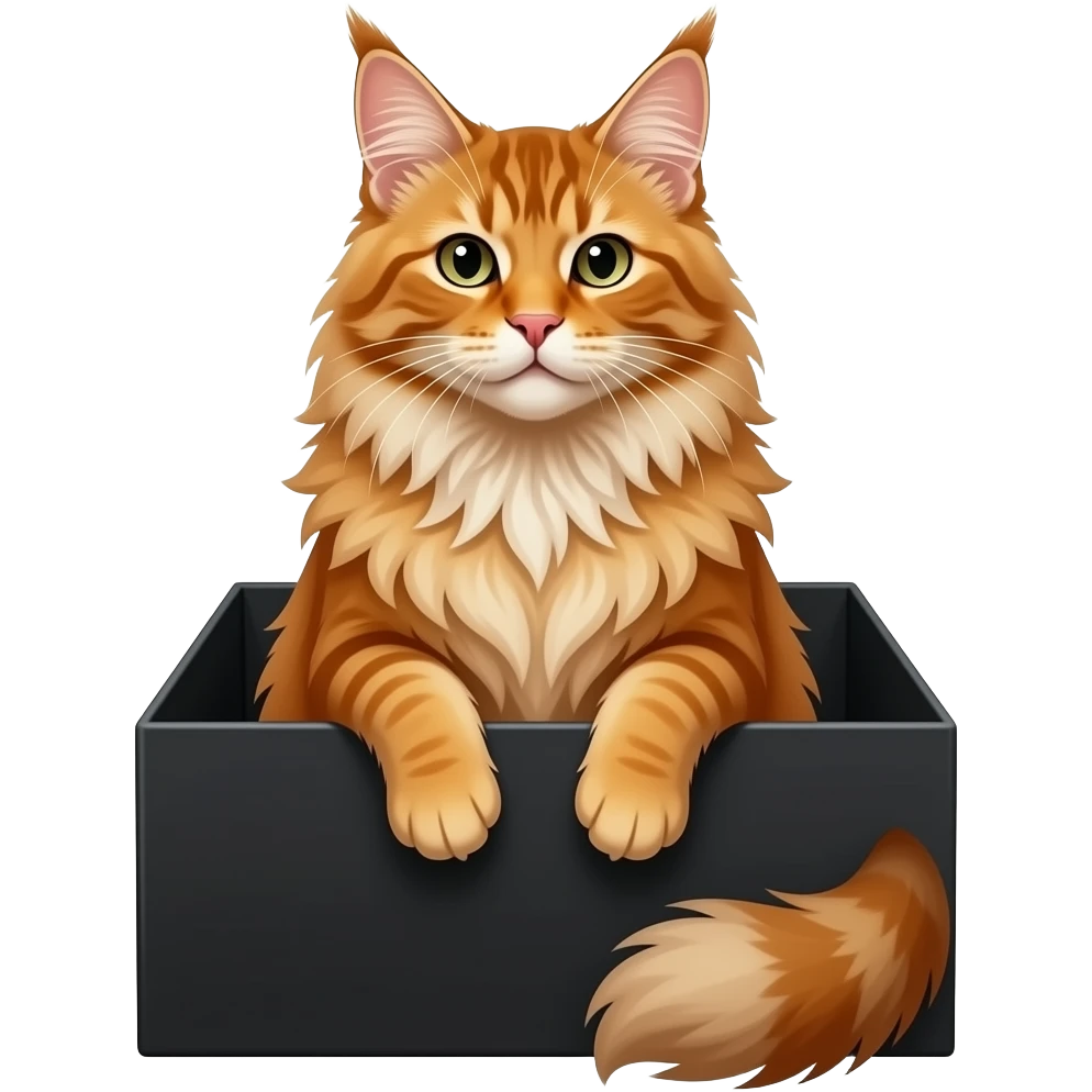 orange maine cat sitting elegantly in a black box, no tail visible emoji
