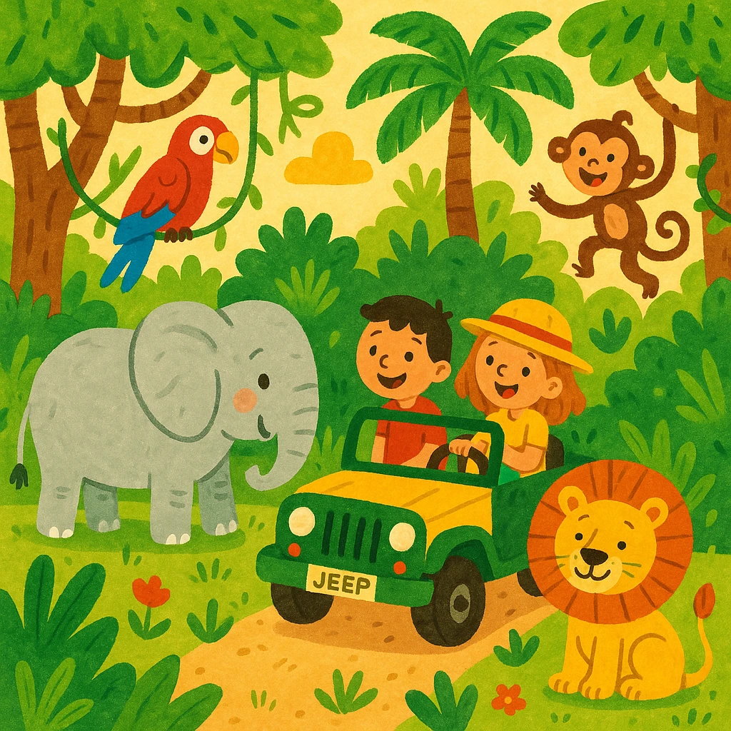 hand drawn digital illustration of jungle safari in the style of children's illustration emoji