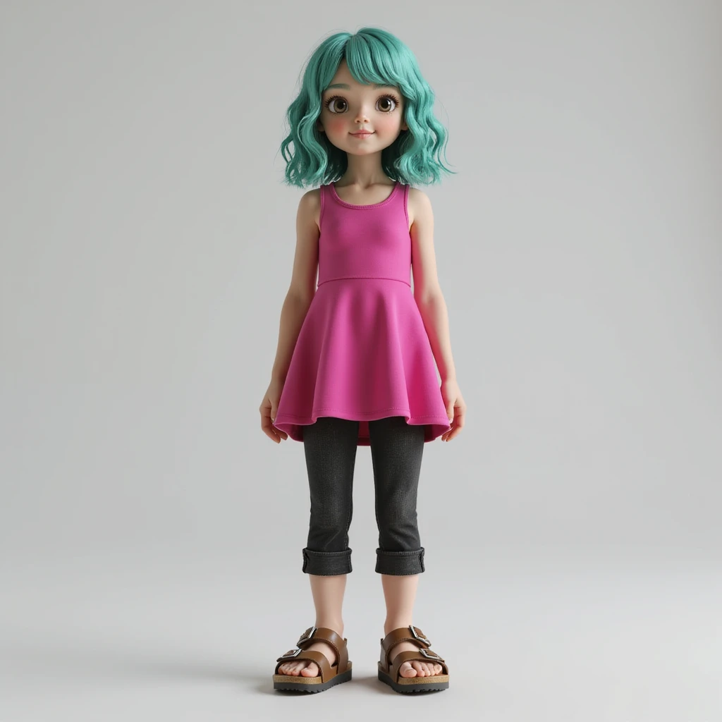 a realistic girl with teal hair, wearing a hot pink dress, black jeans, and brown birkenstocks, full body, photorealistic, natural lighting emoji