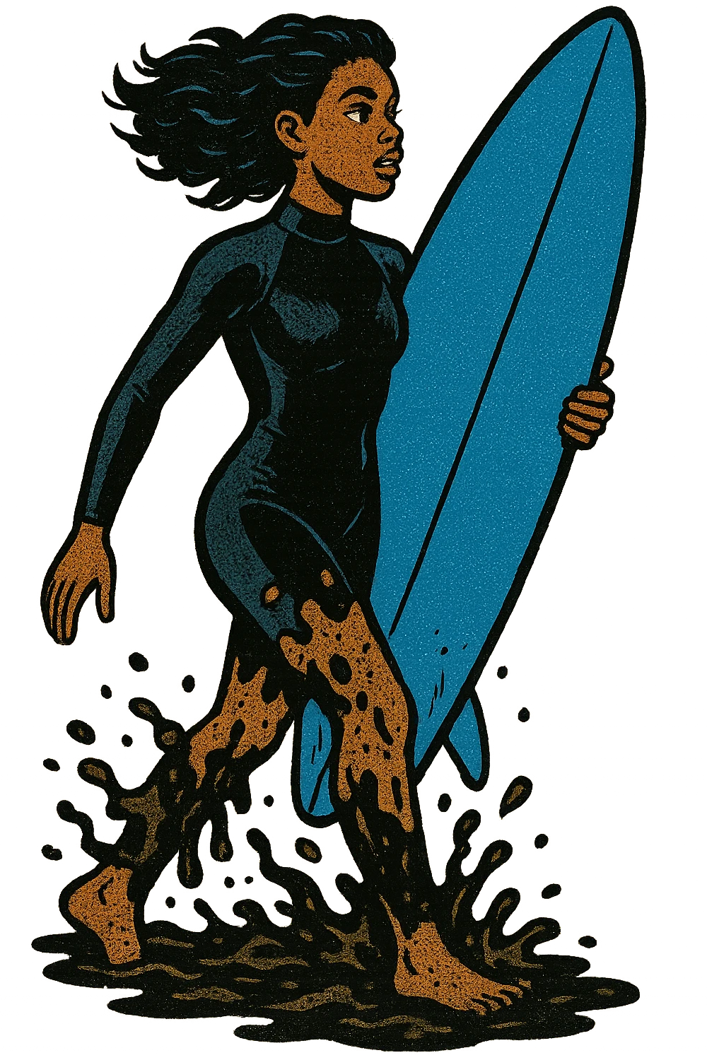 The full body of a modern day black surfer girl in her twenties carrying an upright blue surfboard and wearing a wetsuit.  The girl is covered from her waist down in sewage and pollution from the sea. emoji