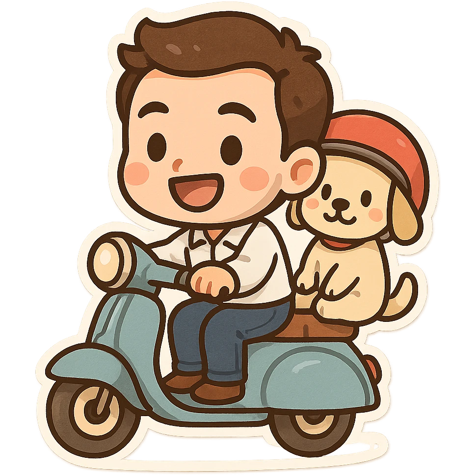 man and his pet dog riding a vespa emoji