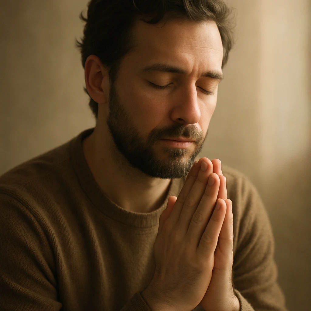 a man with closed eyes and folded hands, praying to God, soft light, serene mood emoji