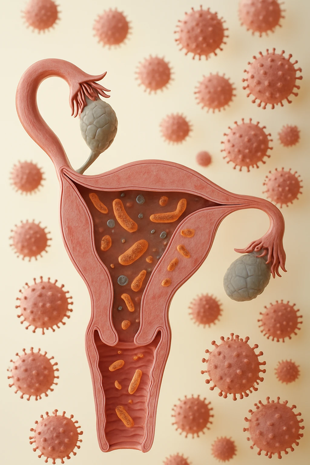 utero umano realistico con batteri della candida intorno, la foto si deve vedere per intero in formato verticale, sullo sfondo neutro chiaro ci sono batteri della candida, iperrealistico 4k emoji