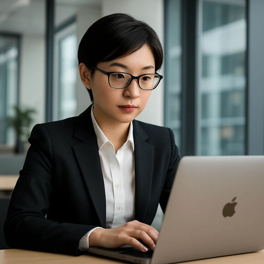 Businesswoman, Asian, short black hair, glasses, working on Mac laptop, formal suit emoji