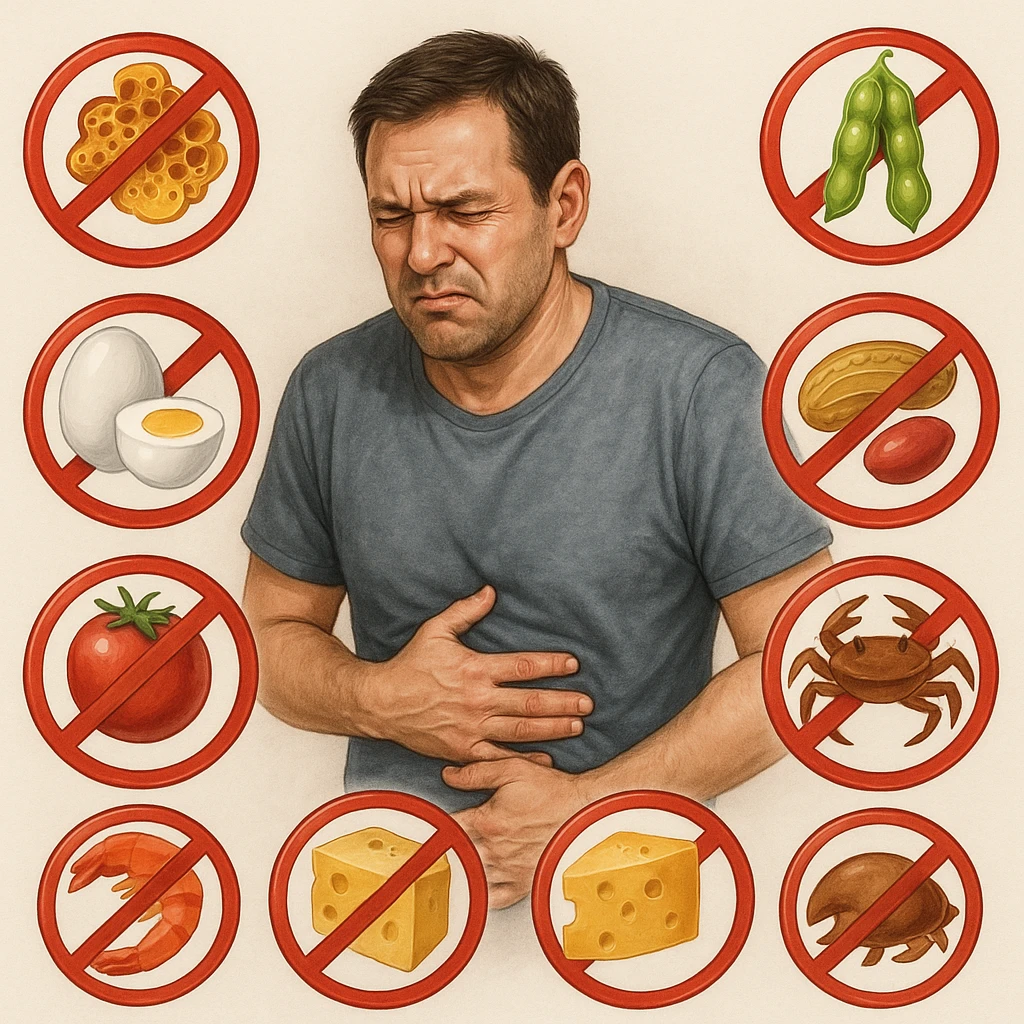 A 40-year-old man suffering from food intolerances, inspired by the reference image, holding his stomach with a discomforted expression, surrounded by symbols of forbidden foods. Realistic or illustrative style with a neutral background. emoji