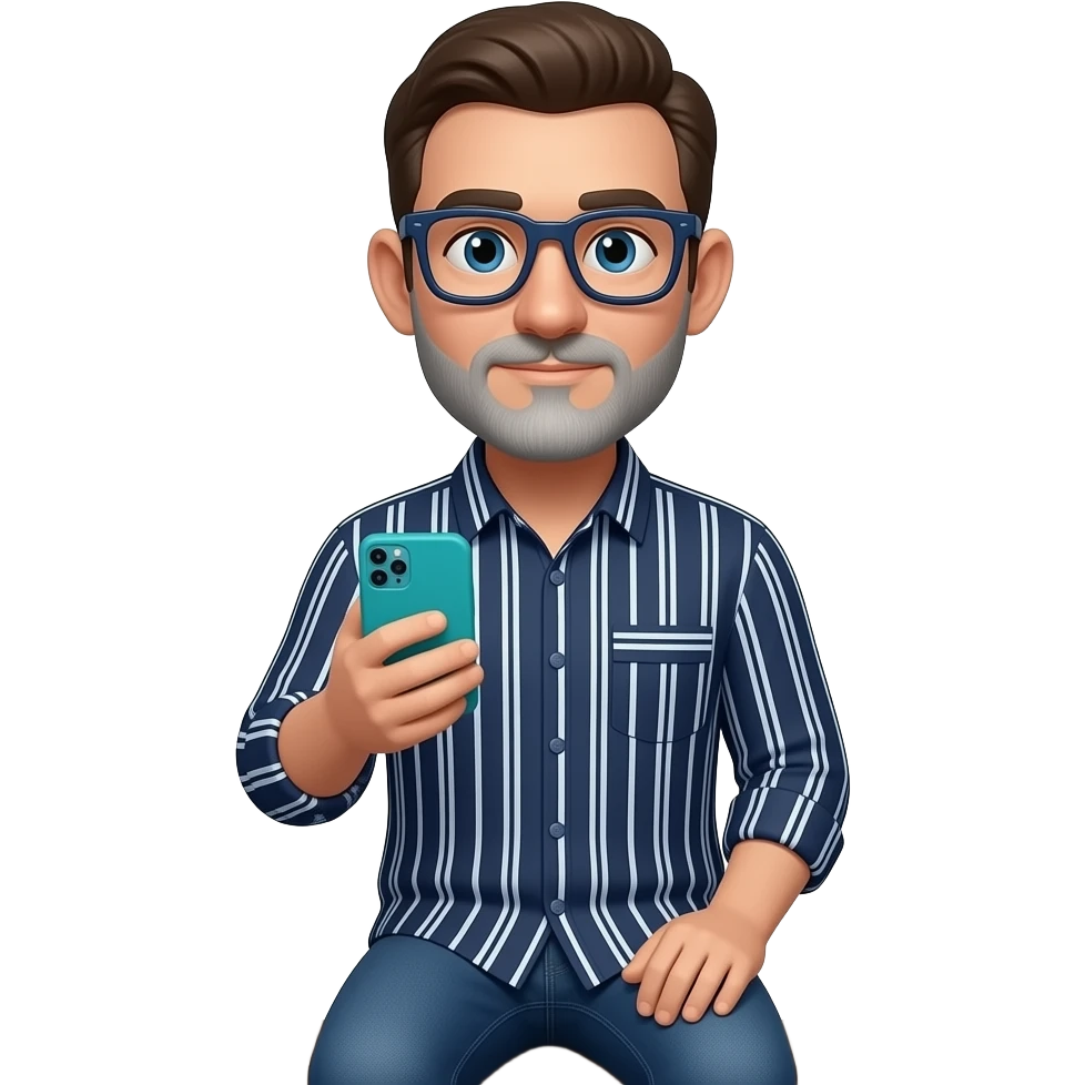 Señor sentado con orejas grandes gafas cuadradas azul oscuras nariz grande y un poco de barba gris clara. Está con un teléfono móvil de funda turquesa y una camisa azul marino con líneas blancas verticales y horizontales y vaqueros azules. emoji