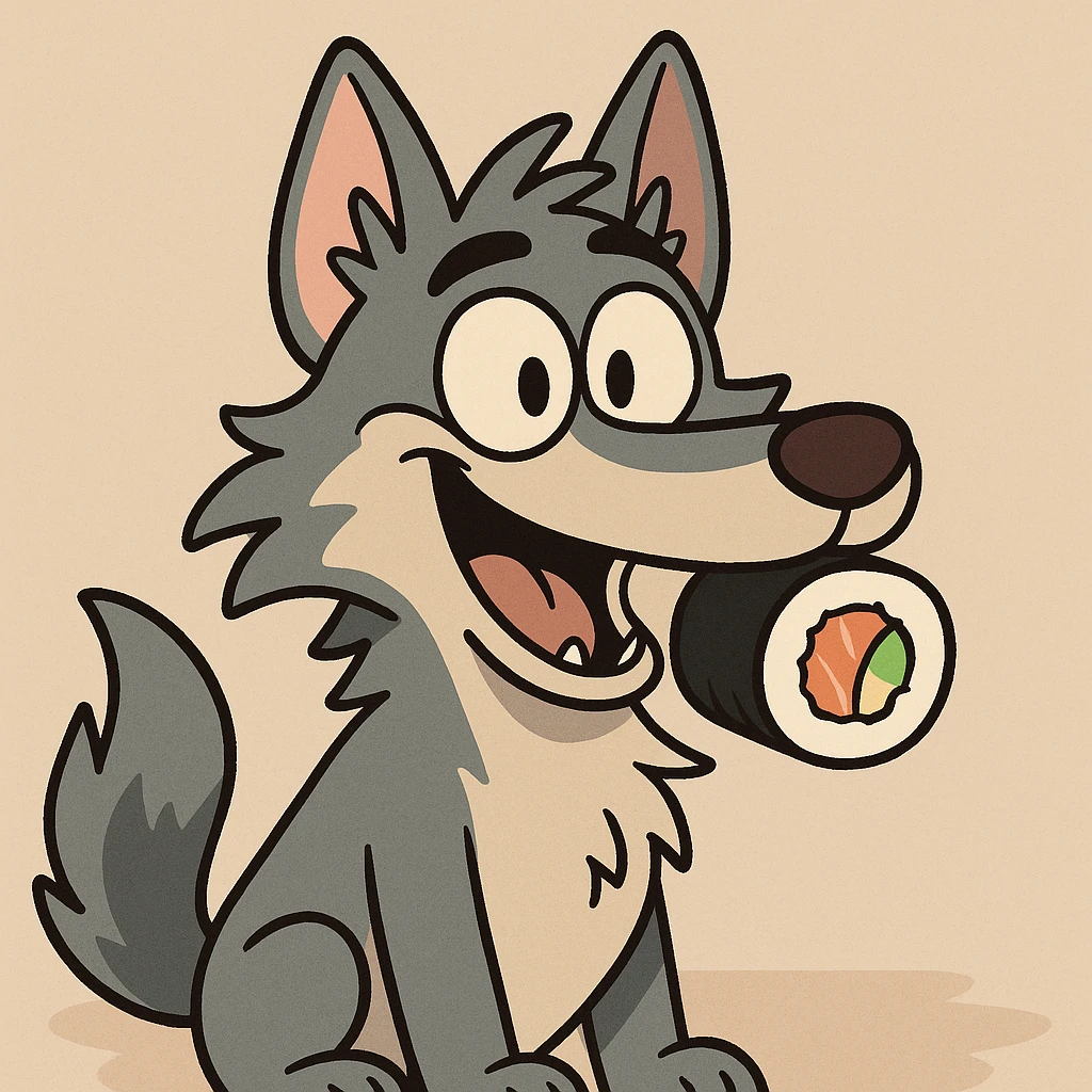 cartoon wolf with a sushi roll in its mouth, playful style emoji