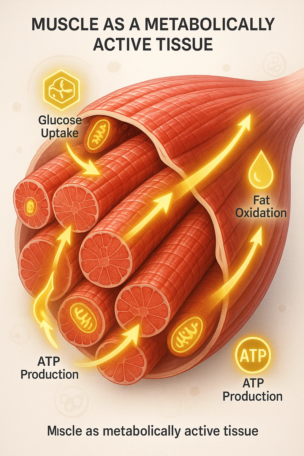 a highly detailed cross-section of human skeletal muscle fibers, shown in vibrant red and pink tones, with visible striations and realistic texture. Glowing arrows and animated icons represent active metabolic processes—such as glucose uptake, fat oxidation, and ATP production—occurring within the muscle tissue. Surrounding the muscle, floating symbols for mitochondria and energy highlight its metabolic activity. The background is clean and clinical, with subtle labels and infographics explaining that muscle is a metabolically active tissue. The overall style is modern, scientific, and visually engaging, suitable for educational or medical use. emoji