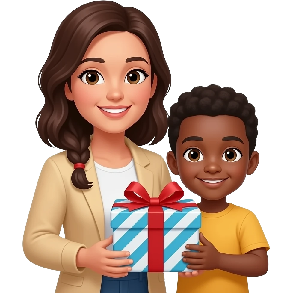 Una mama y un hijo con un regalo, que se vea más mamá emoji
