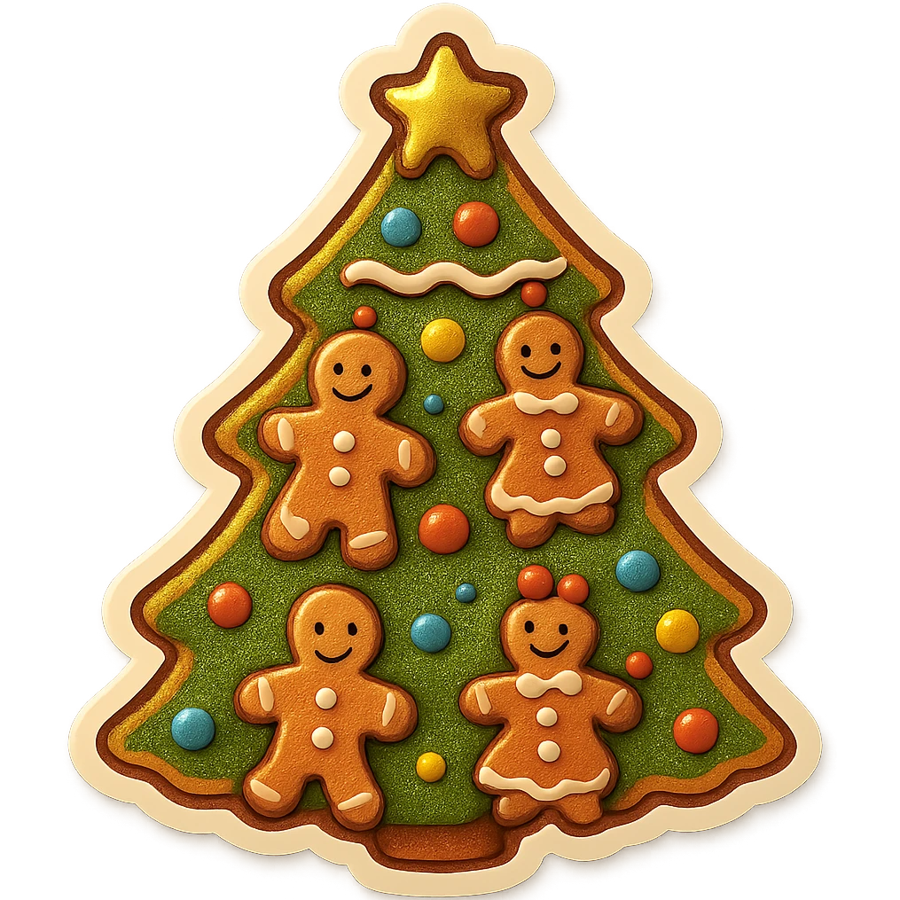 gingerbread tree with ornaments shaped like little people representing family, whimsical style emoji