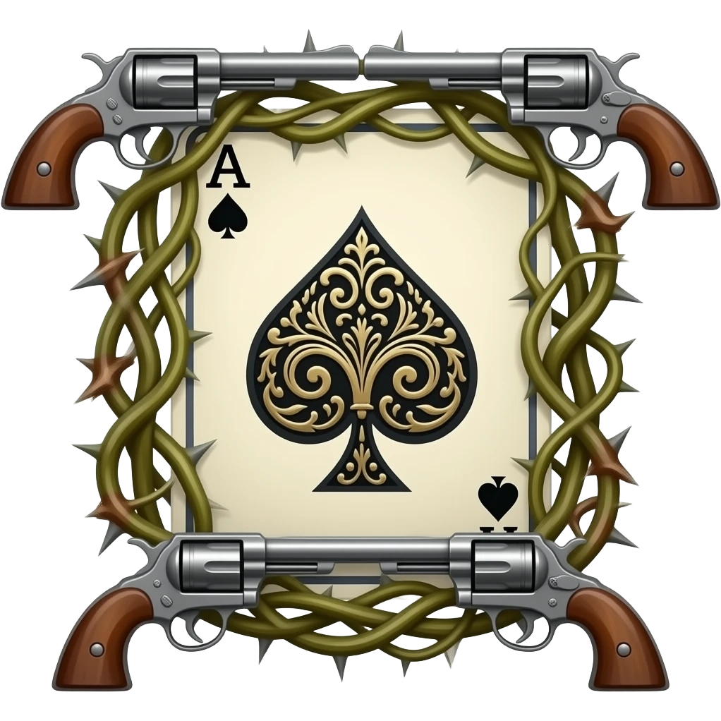 richly ornamented spade ace surrounded by tendrils of thorns and antique revolvers emoji