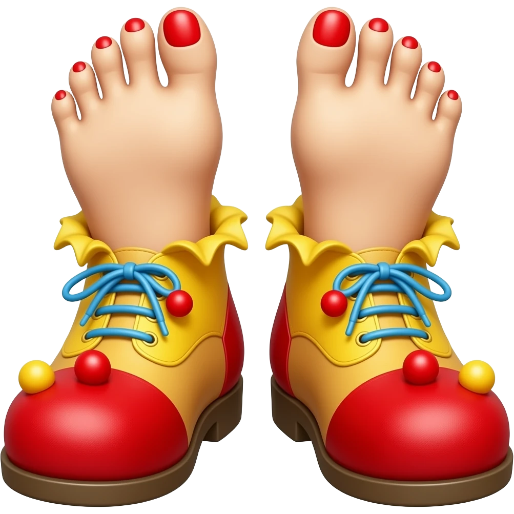 White toes with red toenails stick out of clown shoes emoji