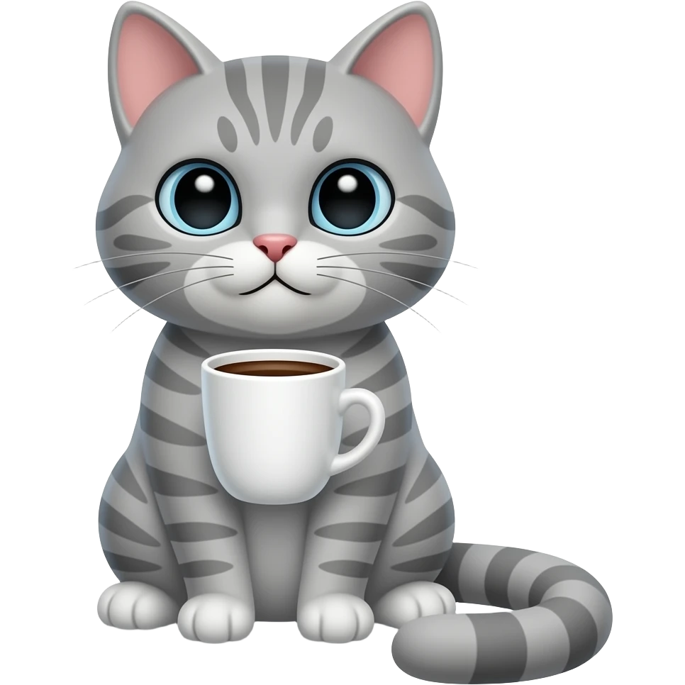 grey striped cat with coffee cup emoji