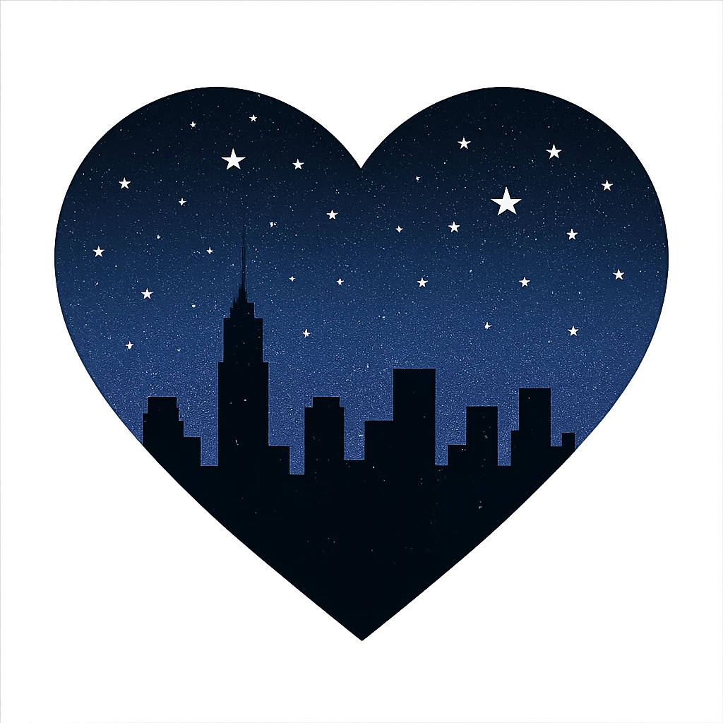 heart with a silhouette of a city skyline at midnight, starry sky above emoji