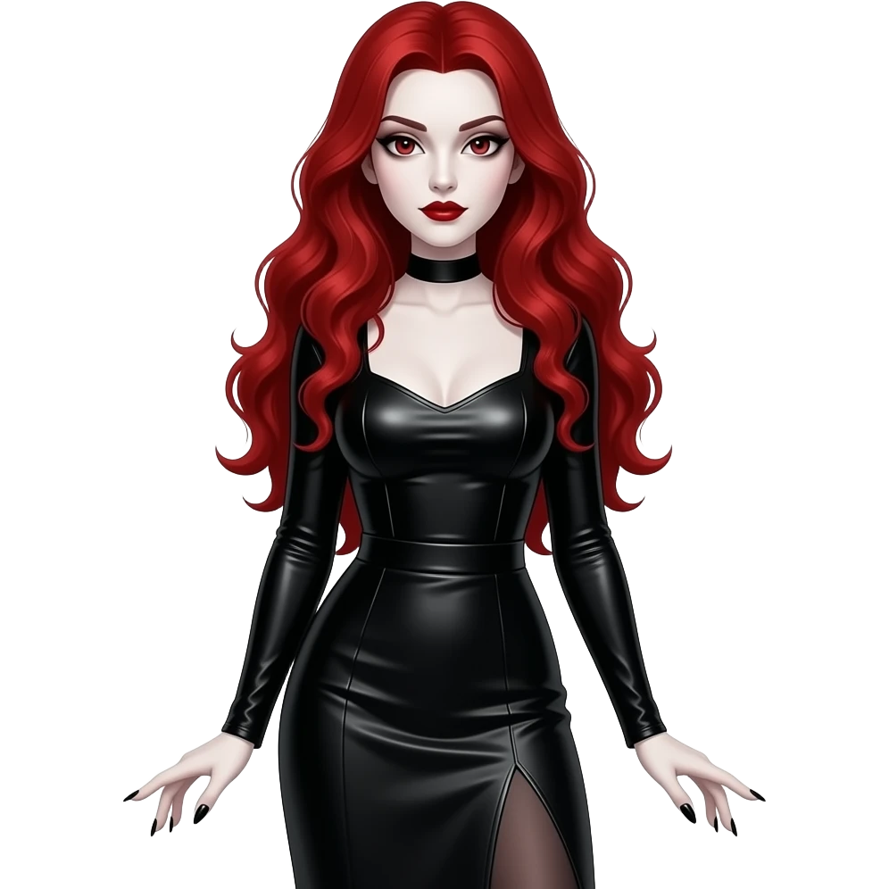 Vampiro femmina con pelle bianca e capelli lunghi rossi ondulati con una gonna lunga nera e un top attillante nero con maniche lunghe e french nails classiche emoji