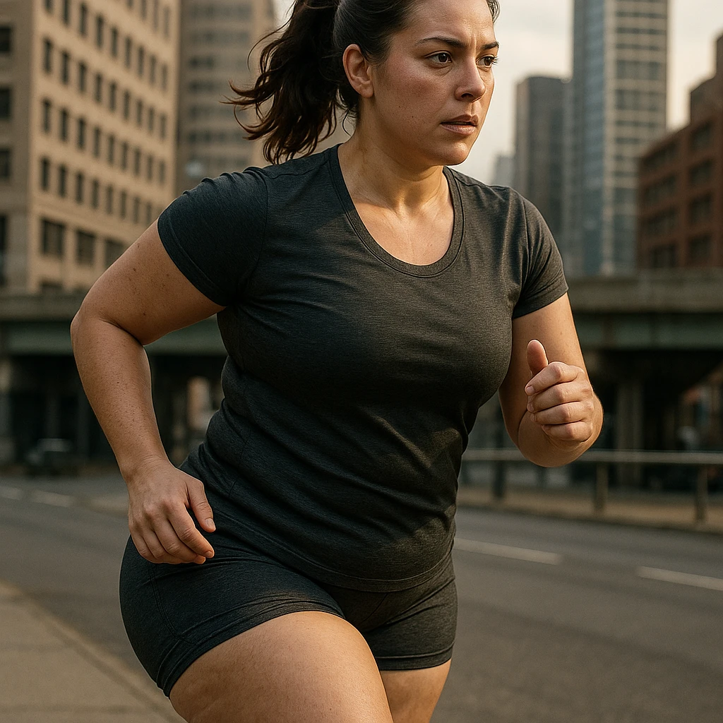 hyper realistic 4K image of a woman running outdoors, following a healthy diet, persistent stubborn fat on legs and thighs, realistic details, cinematic urban background emoji