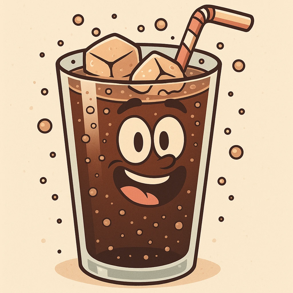 cartoon style illustration of a glass of cola with ice and a straw, bubbly and refreshing emoji