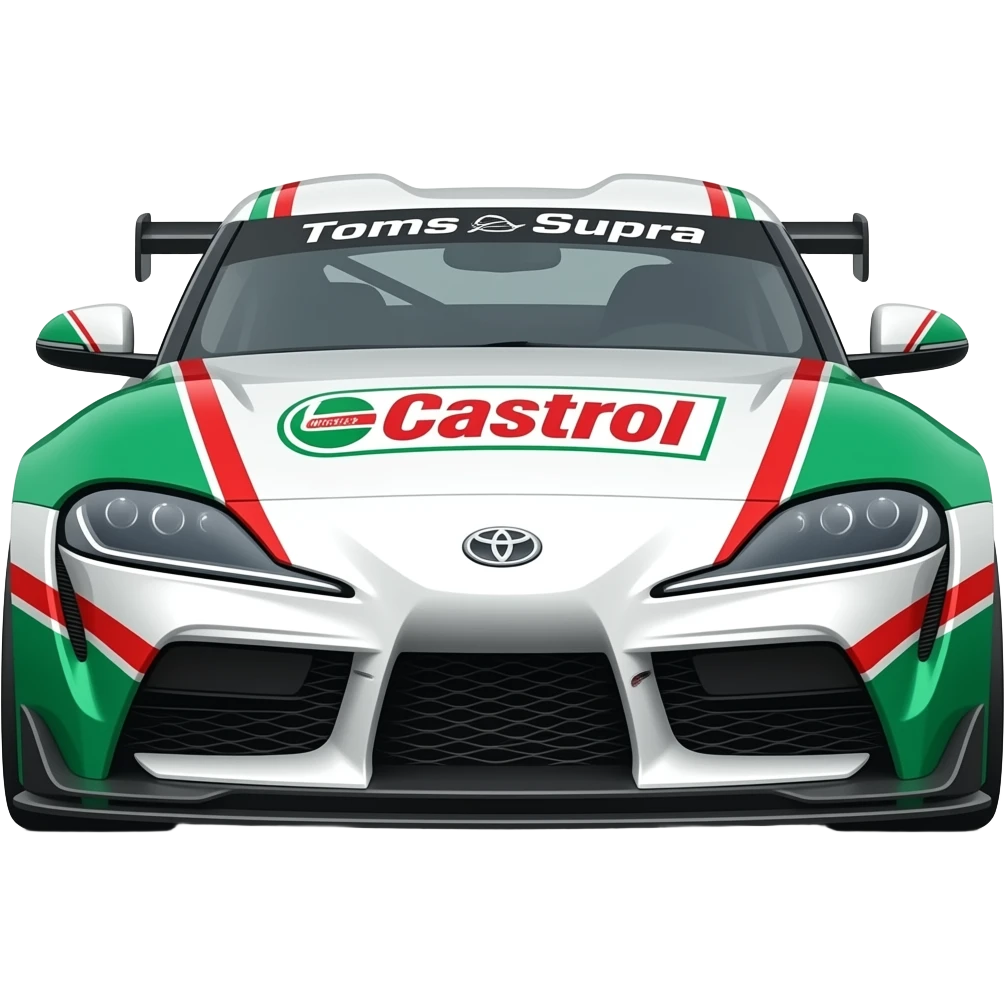 Toyota supra race car, toms supra, castrol, White, red, green, replica of original race livery ,racing type view emoji