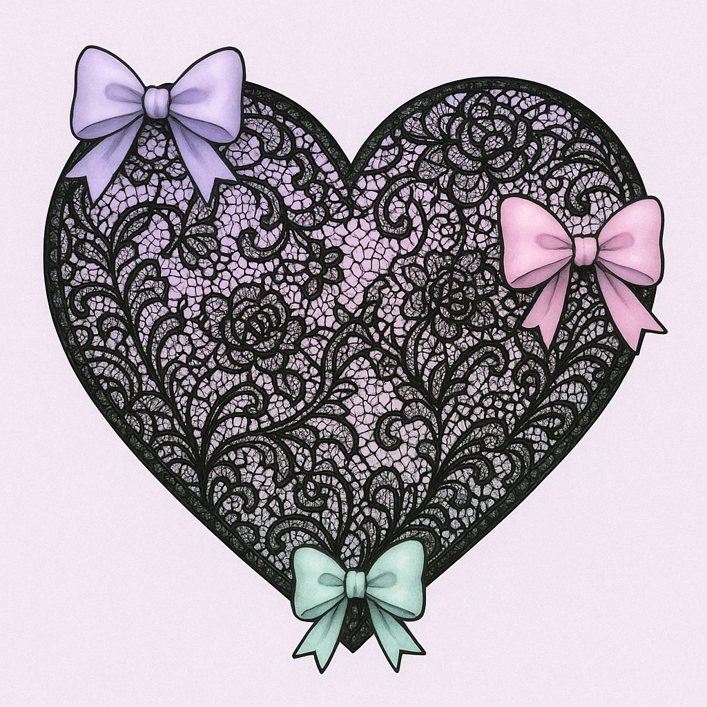 pastel goth heart with pastel bows and black lace emoji
