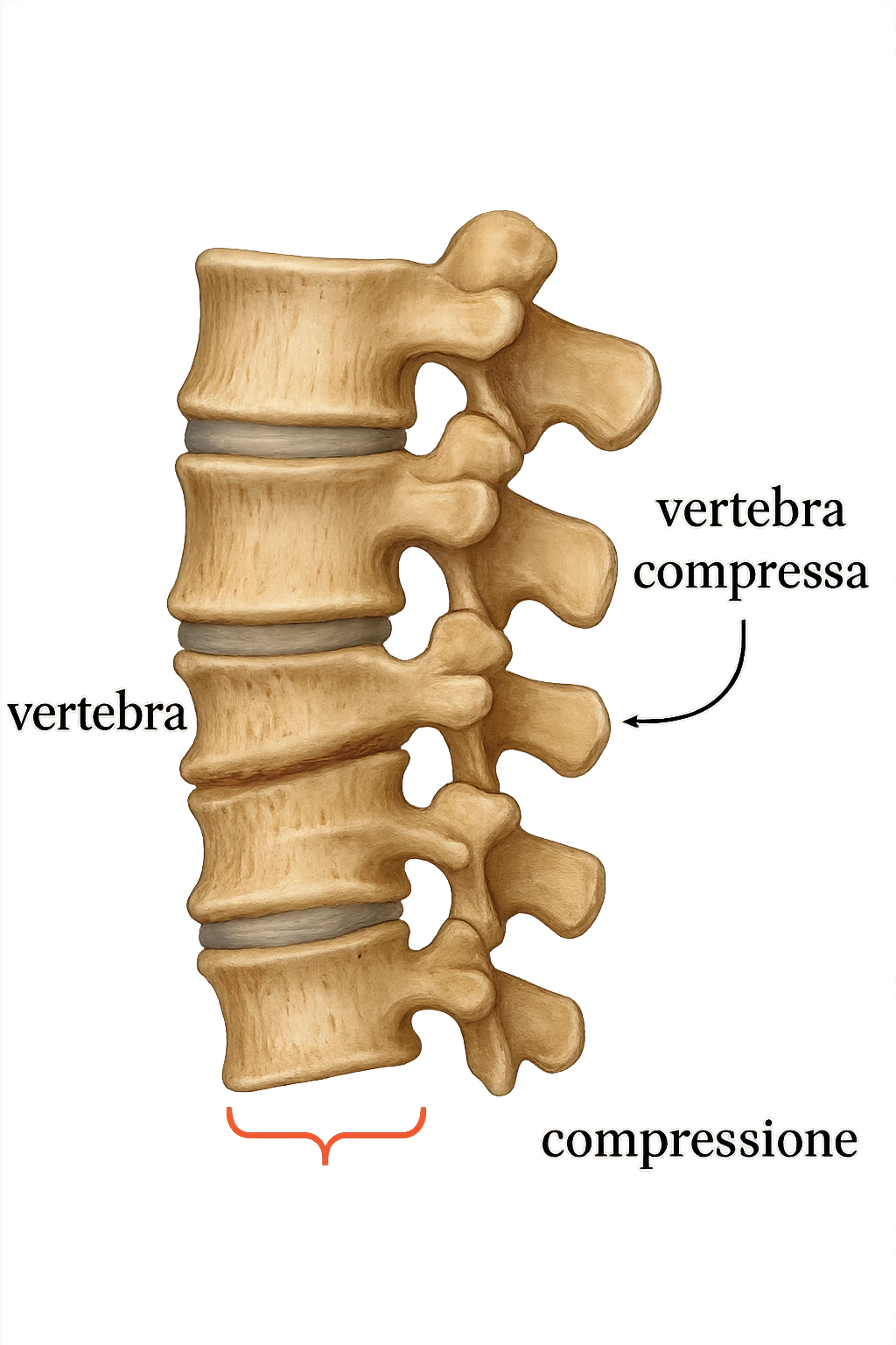 realistic anatomical image of clearly visible compressed vertebrae, lateral view, no background, anatomical details, captions in Italian, aspect ratio 2:3 emoji