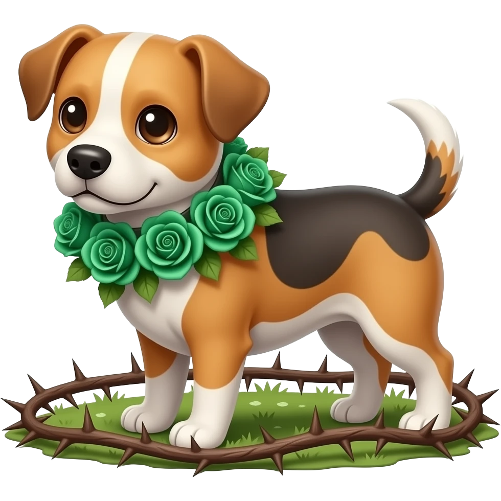 Cute dog with emerald green roses and valley of thorns emoji