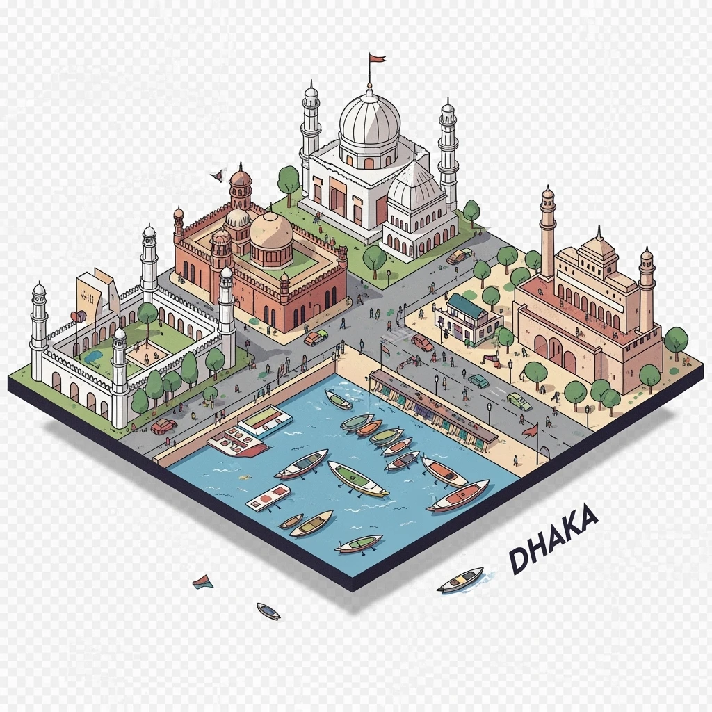 Isometric minimalistic illustration of Dhaka – Lalbagh Fort, Ahsan Manzil, bustling river boats, dirty colorful streets, subtle 3D miniature effect and Tilt Shift effect, no cartoonish look, transparent background. emoji