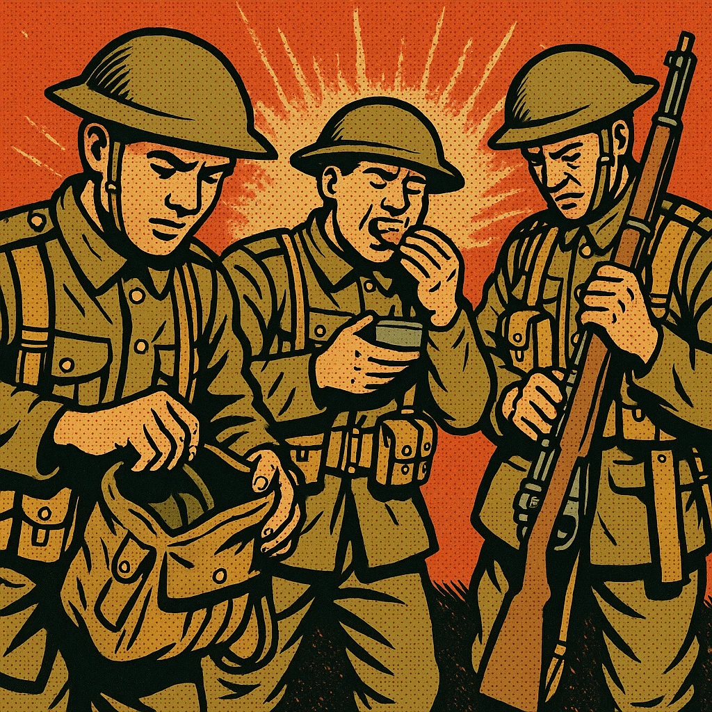 British soldiers in the First World War checking their equipment and eating their rations emoji