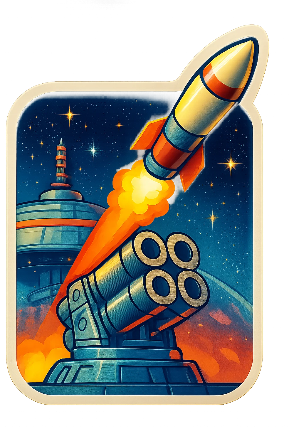 missile battery on a space station launching a missile, retro stickers style, dramatic angle emoji