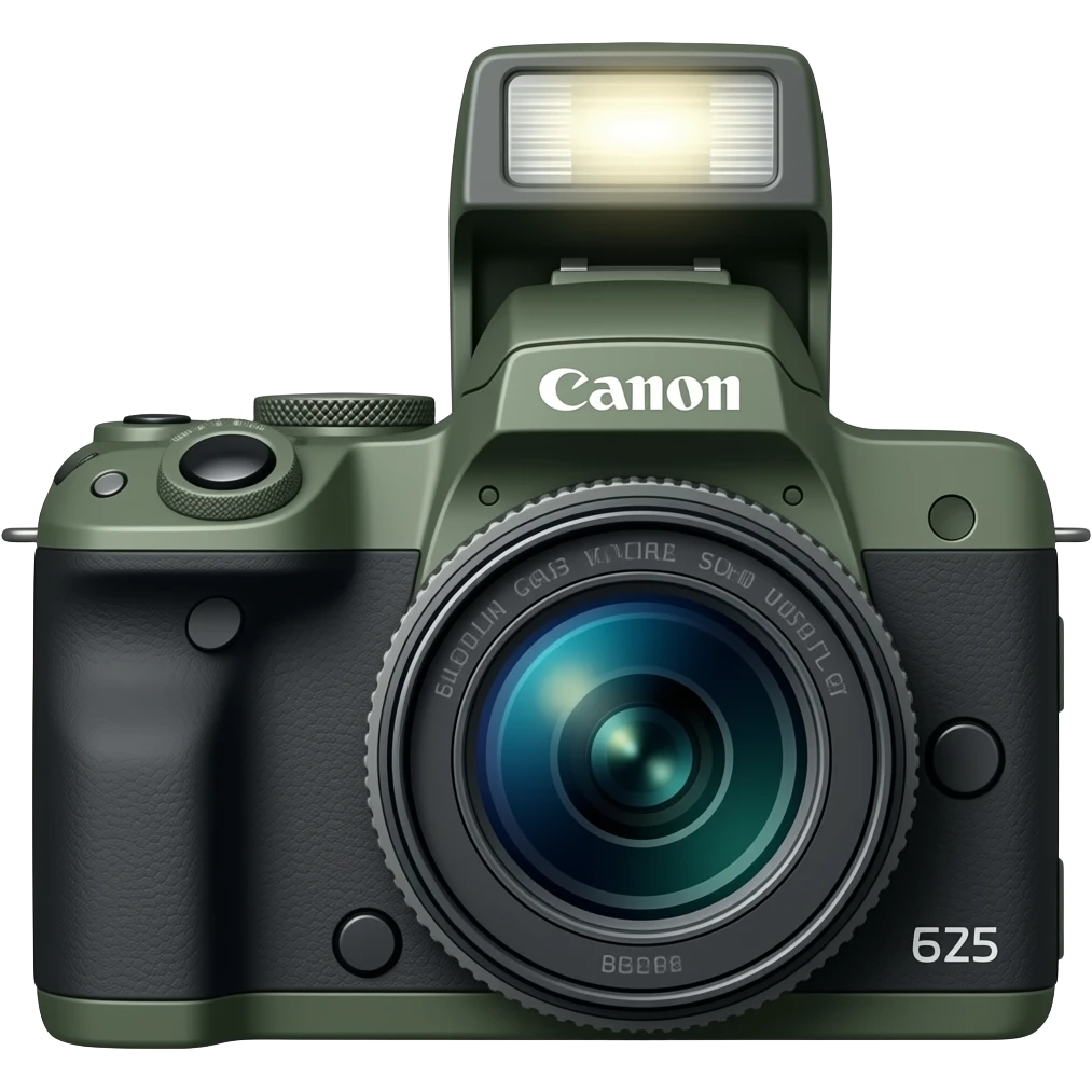 dark olive green Canon camera with Flash spotlight emoji